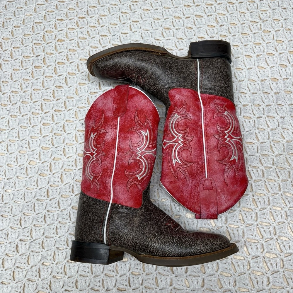 Old West Red Leather Broad Square Toe Boot Kids Boys Size 4 D Red Brown BSY1913 - Picture 2 of 11
